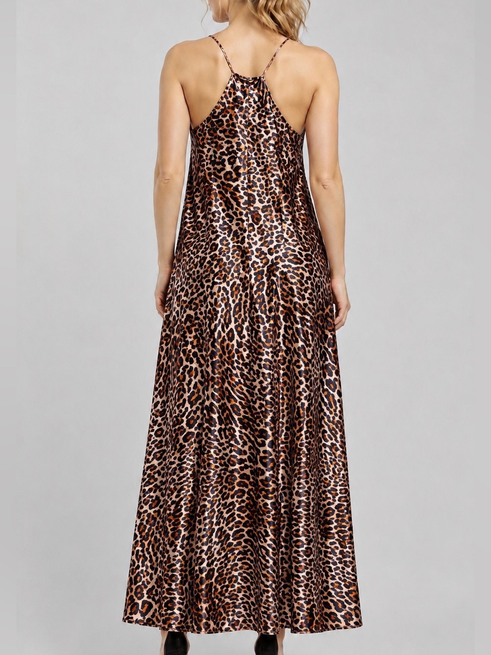 🆕🐆 Nicole Miller Leopard Print Halter Maxi Dress Size M Satin Party Evening Gown - Picture 3 of 17